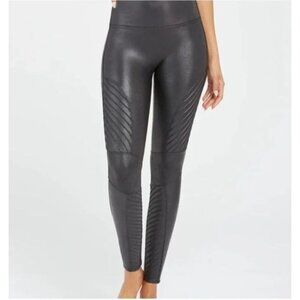 Spanx Black Moto Leggings Faux Leather Lrg Casual High Rise Chic Sleek Edgy